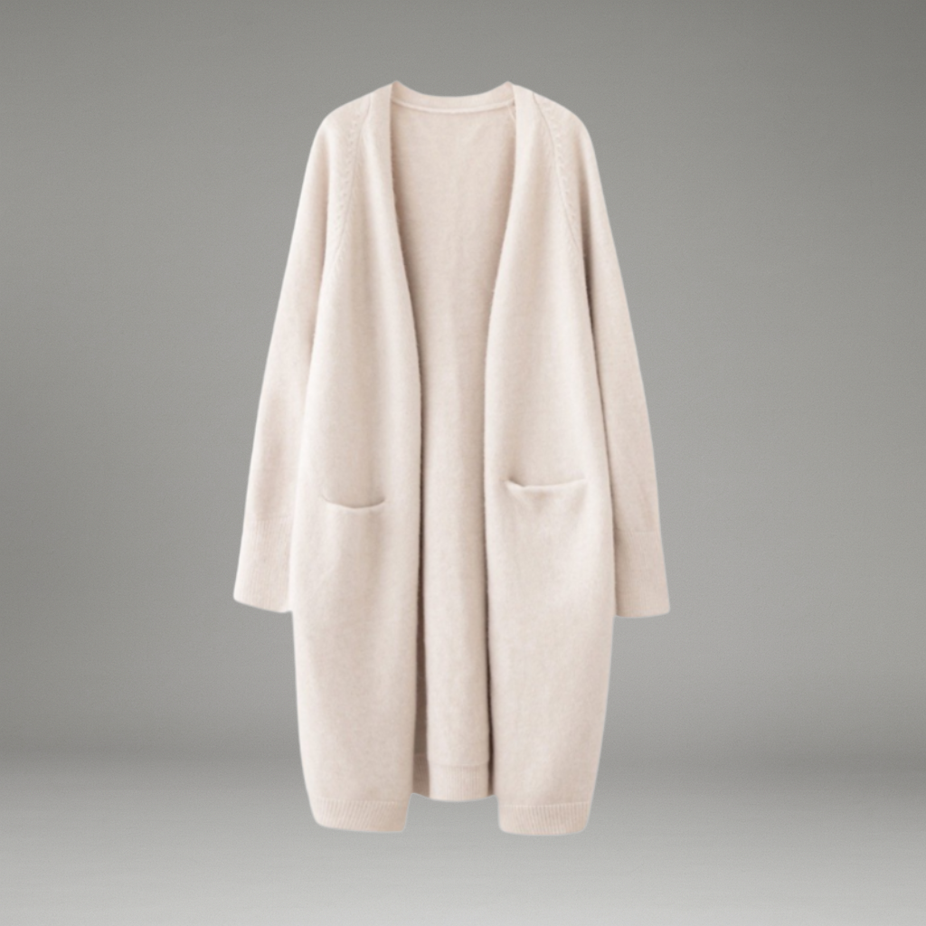 Marlene | Langer Damen-Cardigan mit offenem Frontdesign und Taschen