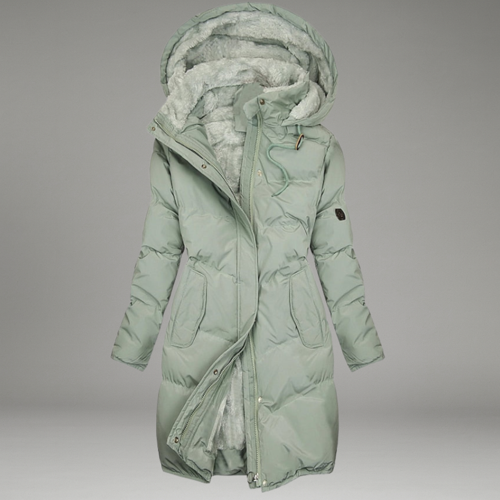 Aureline | Lange Damenjacke mit Kapuze und durchgehendem Reißverschluss